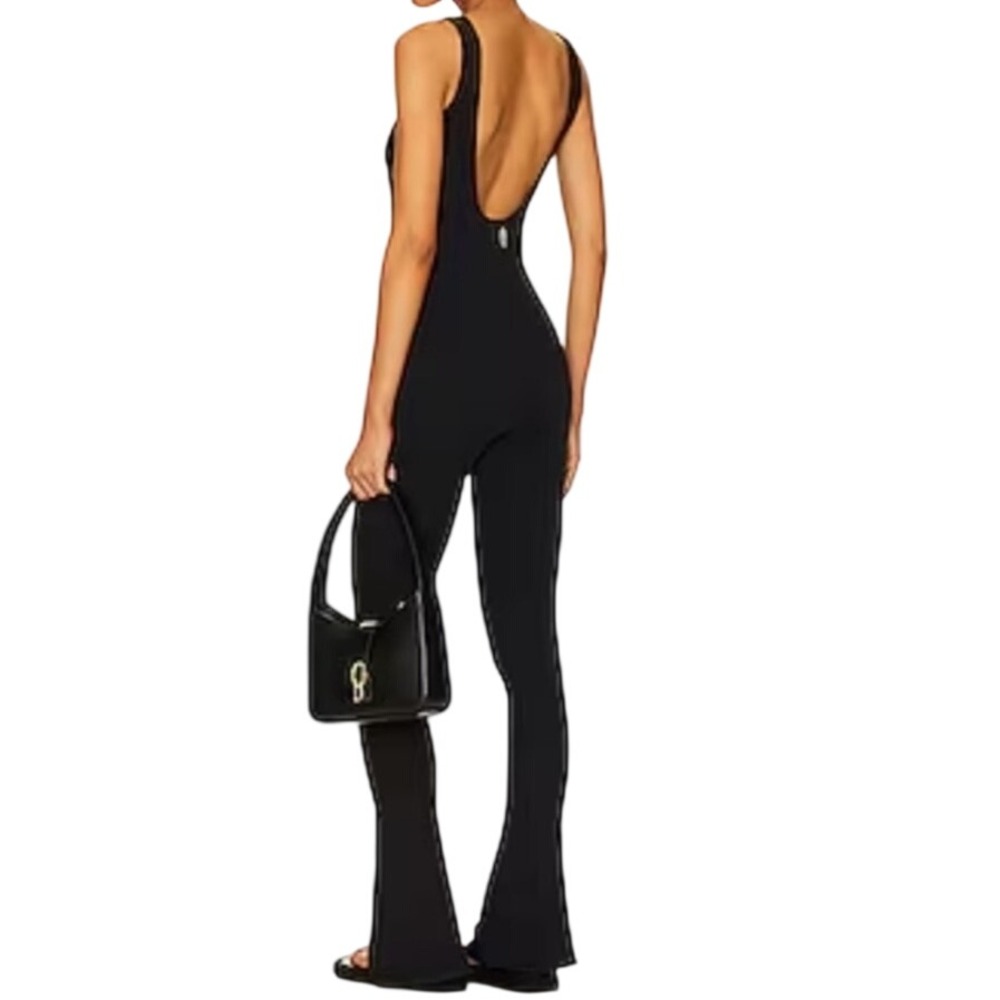 Free People Movement Rich Soul Black Ribbed Flared Low Back Jumpsuit XS